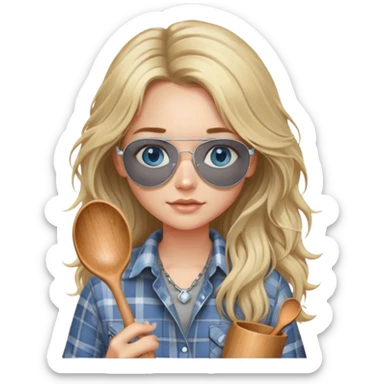 girl with long blond messy hair wearing grey plaid shirt with blue eyes and aviator sunglasses wearing a ring on her silver necklace, holding wooden spoon sticker
