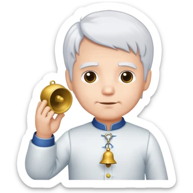 Man in a wheelchair with a bit of white hair expect the tops of his head with nursery dress and a bell on his right hand sticker