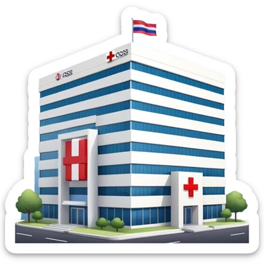 Hospital building with Thai flag waving, red cross medical symbol, Thailand flag with red white blue stripes sticker