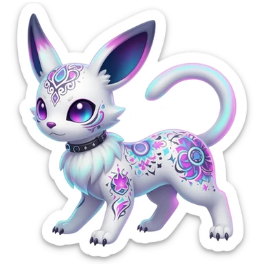 Rare neon iridescent white exotic cute epic aesthetic gothic colorful Salandit-Eevee-Civet-species-Fakemon-hybrid-creature, with intricate tattoo markings, full body sticker
