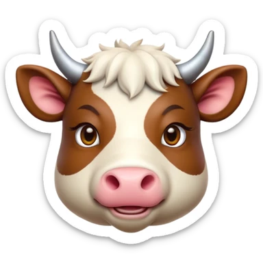 Cinematic Cute Domestic Ox Portrait Emoji, Head tilted playfully and inquisitively, with a robust, compact build and a polished hide adorned with subtle natural patterns, round, sparkling eyes full of gentle curiosity, Simplified yet irresistibly adorable features, highly detailed, glowing with a warm, friendly glow, high shine, affectionate and grounded, stylized with a touch of rustic charm, soft glowing outline, capturing the essence of a mischievous yet loving ox that feels like it could amble out of the screen into your arms! sticker