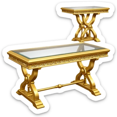 A glass topped rectangular trestle table with 2 side benches and 2 thrones at the ends sticker