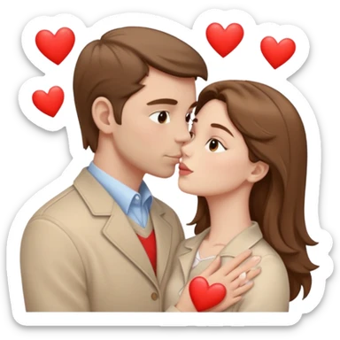 A white man with brown hair in pale beige clothes and a woman in pale beige clothes are kissing with white hearts sticker