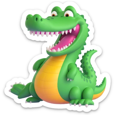 playful pose bright green cartoon crocodile named Bombardino with big toothy grin sticker