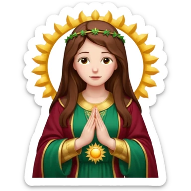 Virgin Mary, kind face, looking down left, long brown hair, emerald green robe with gold stars, burgundy red dress, hands in prayer, halo, standing before a large sun, roses on the sides sticker