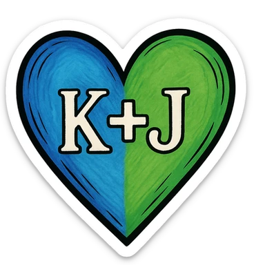illustrative style blue and green heart with the letters K+J in the center, transparent background sticker