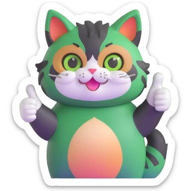 tricolor fluffy cat with big green eyes giving thumbs up sticker
