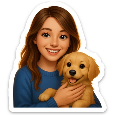 Create an emoji style image of a 20-year-old dirty blonde woman with brown highlights in her long hair and dark blue eyes, petting an English cream golden retriever. The background is a warm sunset, and the atmosphere is cheerful. sticker