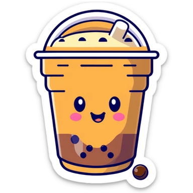 brown milk tea with a happy expression and boba pearls, different cup shape, soft mocha pastel tones, kawaii sticker