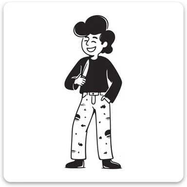 hand-drawn sketch of a savage person in 1988 outfit with mullet hair, acid wash jeans, holding knife, laughing crazily sticker
