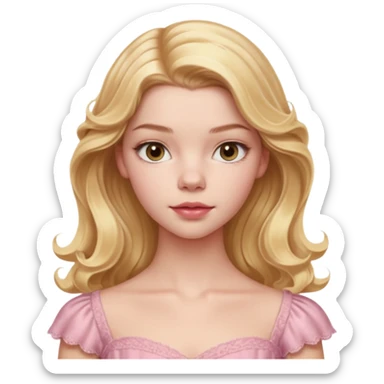 Cinematic Realistic Anya Taylor Joy Portrait, depicted with lifelike skin texture, subtle rosy undertones, and soft natural lighting that enhances the gentle contours of her face. Her intricately detailed golden blonde hair is elegantly wavy, and pink dress corquette sticker