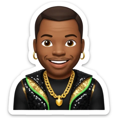 Busta Rhymes with dark brown hair, black sequin outfit sticker