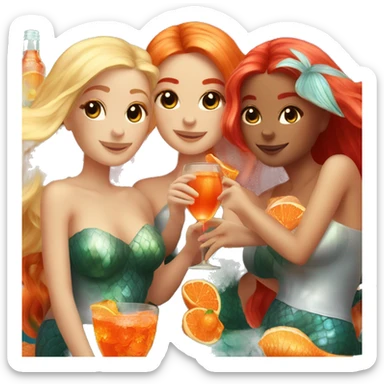 Three beautiful mermaids (one blond, one brown and one red hair) drinking aperol sticker