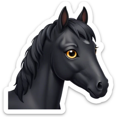 Cinematic Cute Black Horse Portrait Emoji, Head tilted playfully and inquisitively, showcasing a glossy black fur with a striking sheen and expressive dark eyes filled with curiosity, Simplified yet irresistibly adorable features, highly detailed, glowing with a warm, friendly glow, high shine, affectionate and spirited, stylized with a touch of whimsy, bright and endearing, soft glowing outline, capturing the essence of a mischievous yet loving horse, so playful it feels like it could trot out of the screen and into your arms! sticker