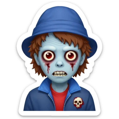 brown fluffy hair zombie with blue and white hat dark blue jilet red t shirt sticker