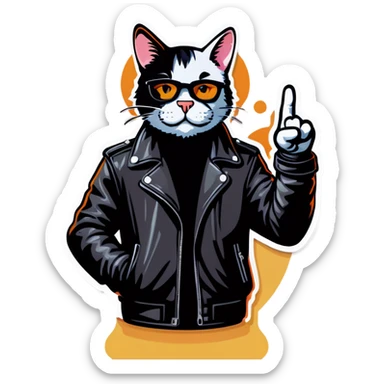 Cool cat in leather jacket shows cow sign  sticker