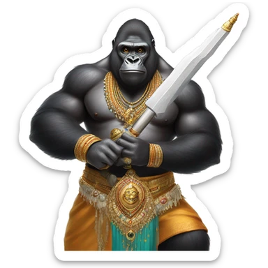 male gorilla with indian male jewellery and  indian traditional wear, holding a  huge weapon, humanoid, holding another  huge weapon  sticker