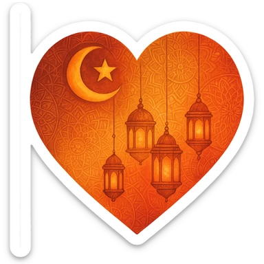 heart with Ramadan theme, crescent moon and star, lanterns, Islamic geometric patterns, warm colors sticker