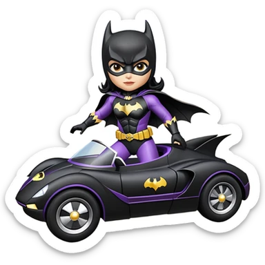 scale racing sexy fitted Batgirl’s buxom heroically armored midnight-colored tight outfit 1970’s tv style dark knight stealthy accurate sporty safe plush deluxe off-road pursuit drifting F1 town car (black hair, shoulders back against seat) rally vehicle  sticker
