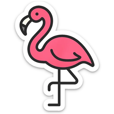 flamingo, color outline icon style, clean lines, black outlines, vibrant pink, minimal details sticker