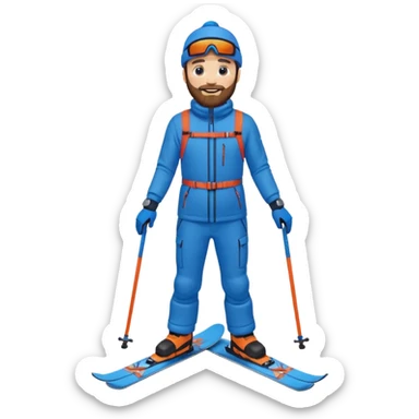 bearded man skiing down, blue outfit, smiling. full body view.  sticker