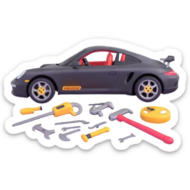 icon of a Porsche luxury car with a clearly visible dent or damage on the bodywork, with bodywork reconstruction tools like a lever, small hammer, and repair equipment positioned to show active repair, elegant and modern sticker