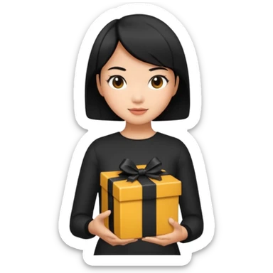 asian woman short hair tanned, holding with black present - emoji style sticker