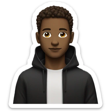 half human with brown flowed back hair and half ai robot that looks cool wearing a black hoodie sticker