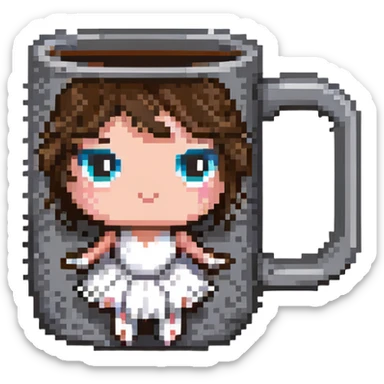 coffee mug with eyes wearing a ballet outfit in pixel art style sticker