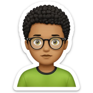 Menino pardo com cabelo curto cacheado preto raspado dos lados, de óculos preto e blusa verde e amarela sticker