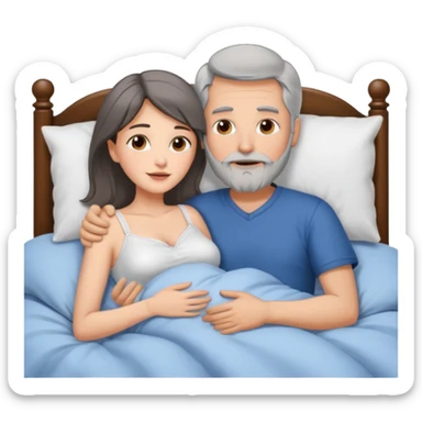 Man with grey hair and beard, and beautiful brunette woman spooning in bed sticker