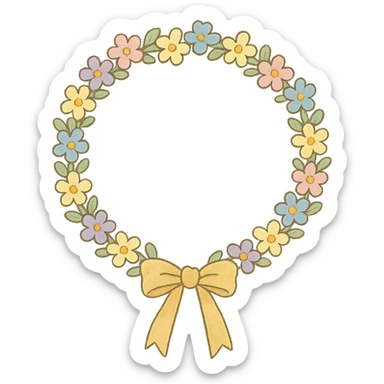 a floral wreath made of small pastel flowers with a gentle bow, Japanese hand-drawn, full object, transparent background sticker
