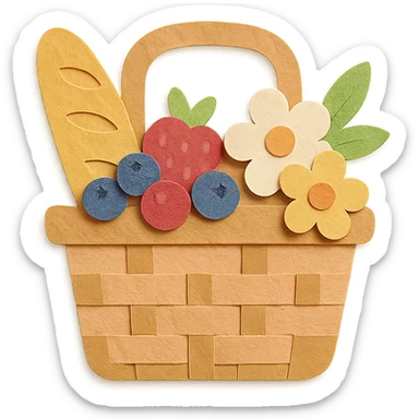 a picnic basket with berries, bread, and flowers, warm pastel shades, paper craft style sticker