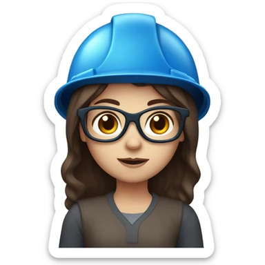 Girl with construction helmet, white skin, blue eyes, dark blue glasses, long brown hair sticker
