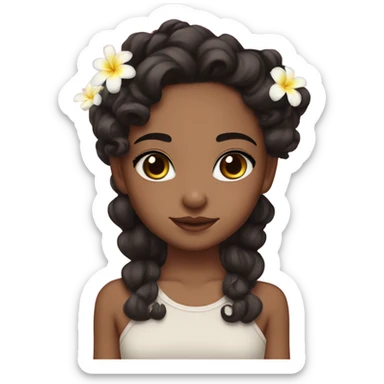 cute wheatish complexion girl with deep brownblack curls, with plumeria flower clip in her hair and bright doe eyes and straight thick brows and cherry l sticker