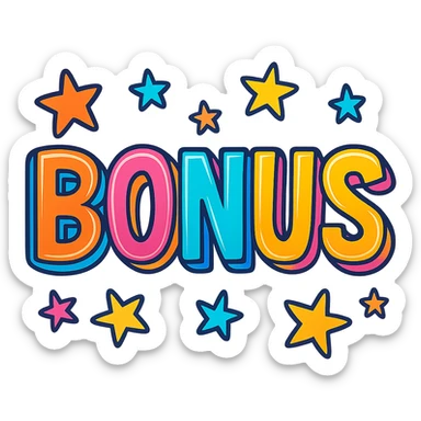 the word BONUS in large, eye-catching neon retro style letters surrounded by stars, no background or sign behind, just the letters and stars sticker