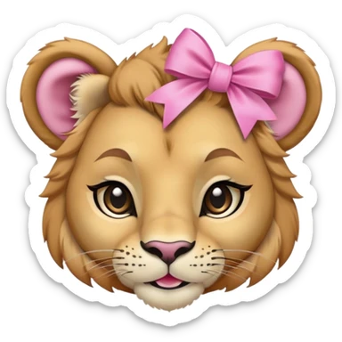 A young lioness with a pink bow on the right side of her head, feminine face, long lashes, and a confident smile sticker