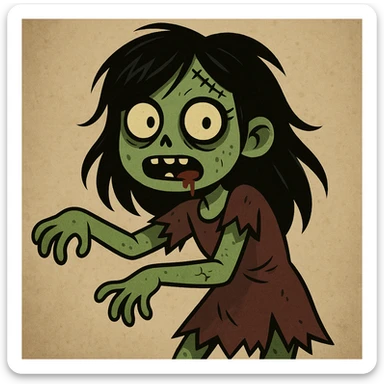 zombie girl, black hair, cartoon style, greenish skin sticker