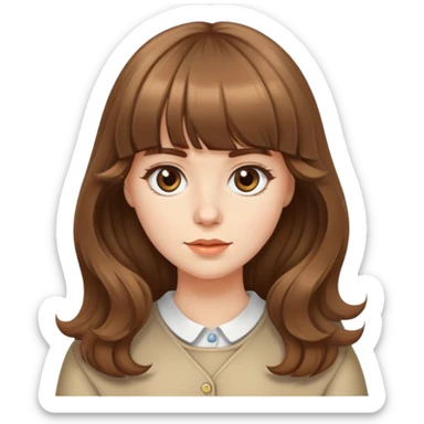 Caucasian girl with brown blunt bangs and big wavy hair sticker