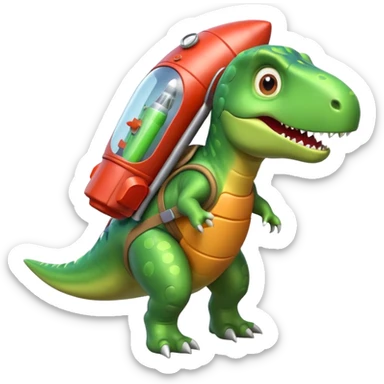 cute toy-like rocket-propelled dinosaur, rounded shapes, glossy texture, colorful rocket backpack, happy expression, 3D cartoon, mobile game icon style, clean background, no text, no watermark
 sticker