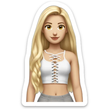 hyperrealistic caucasian female, long straight blonde hair, white lace up crop top, grey mini skirt, body view sticker