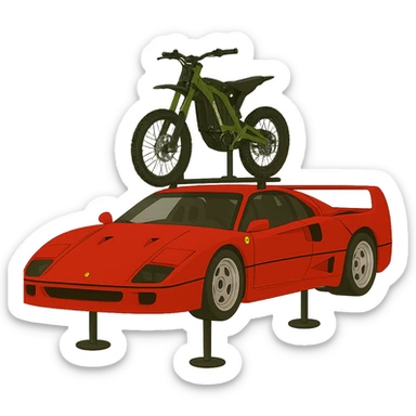 Replace the two bikes with one Sur-Ron electric bike with a green frame, mounted on the roof rack of the cartoonish Ferrari F40. Keep the background transparent. sticker