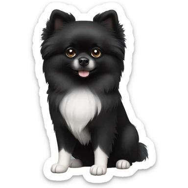 Black Pomeranian with white paws and white chest sticker