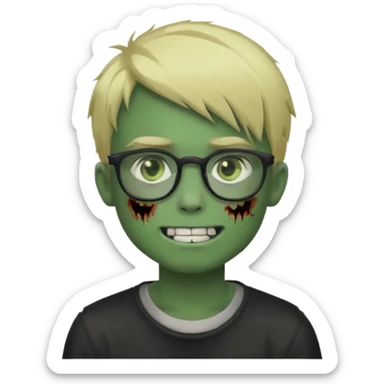 boy zombie with blonde emo hair and green skin and glasses and corner smile sticker