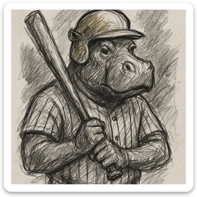 hippo holding a baseball bat, wearing a yellow helmet, pinstripes outfit sticker