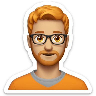 A young Central European man with short hair, an orange beard, glasses with orange lenses, and clasped hands. sticker