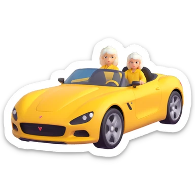 Make the yellow sports car 20% more realistic while keeping the mother with white hair looking fast and furious, dynamic motion effects, sporty 3D emoji style, no background sticker