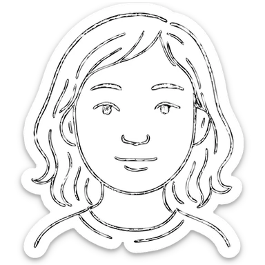 portrait of an Asian girl with medium brown wavy hair and brown eyes, paler skin tone, hand drawn outlined style sticker