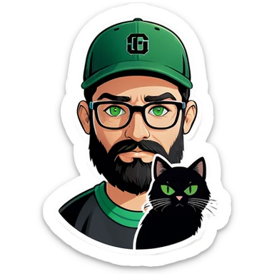 A bold man with a grey baseball cap, green eyes, big beard and glasses holding a black cat sticker