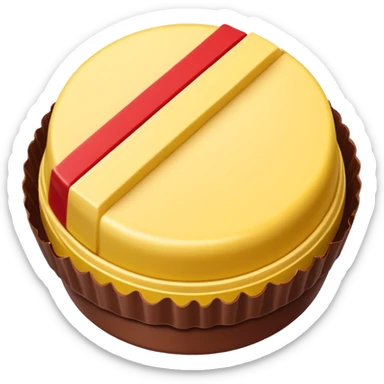 round chocolate bonbon with wafer center and yellow and red wrapper sticker